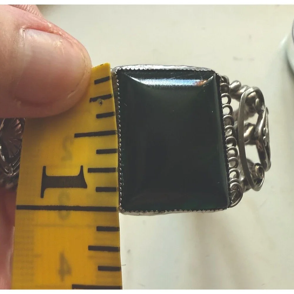 Vintage Marbleized Green Bakelite Filigree Cuff Artisan Bracelet Silver Tone